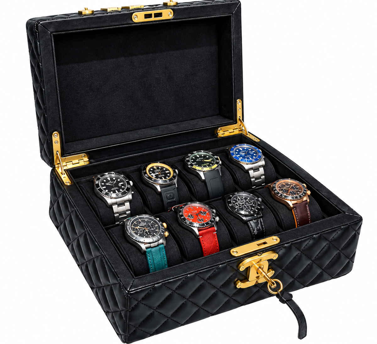 8- Slot Quilted Leather Watch Case with Watch