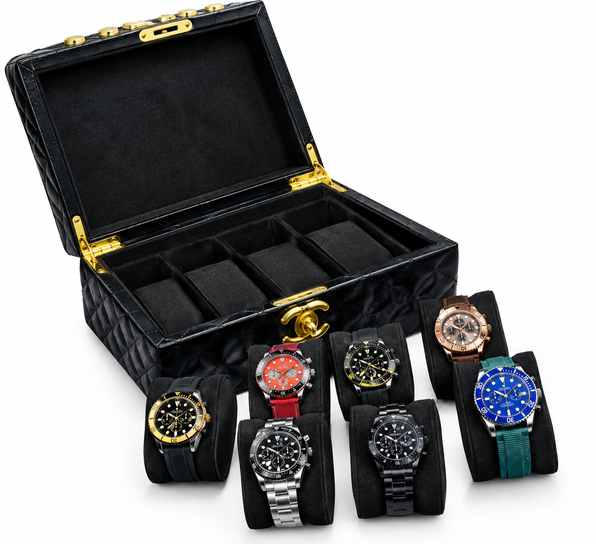 8- Slot Quilted Leather Watch Case with Watch