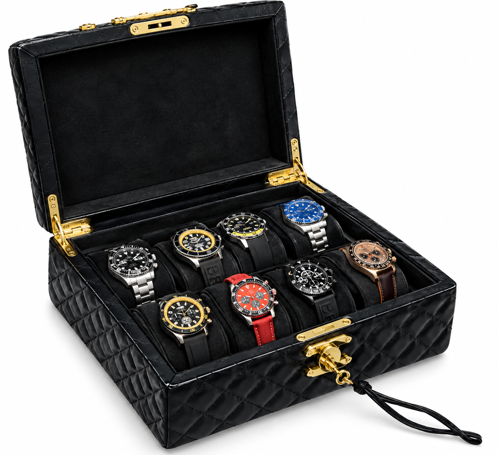 8- Slot Quilted Leather Watch Case with Watch