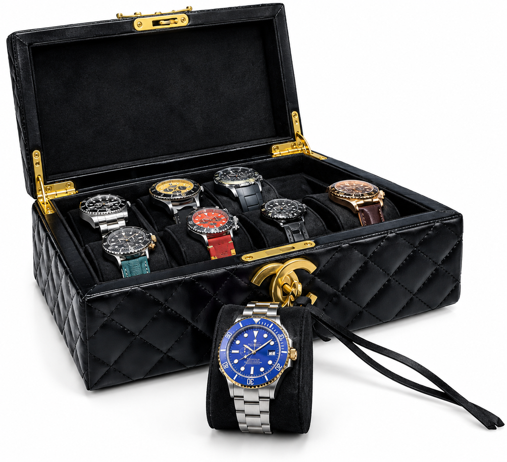 8- Slot Quilted Leather Watch Case with Watch
