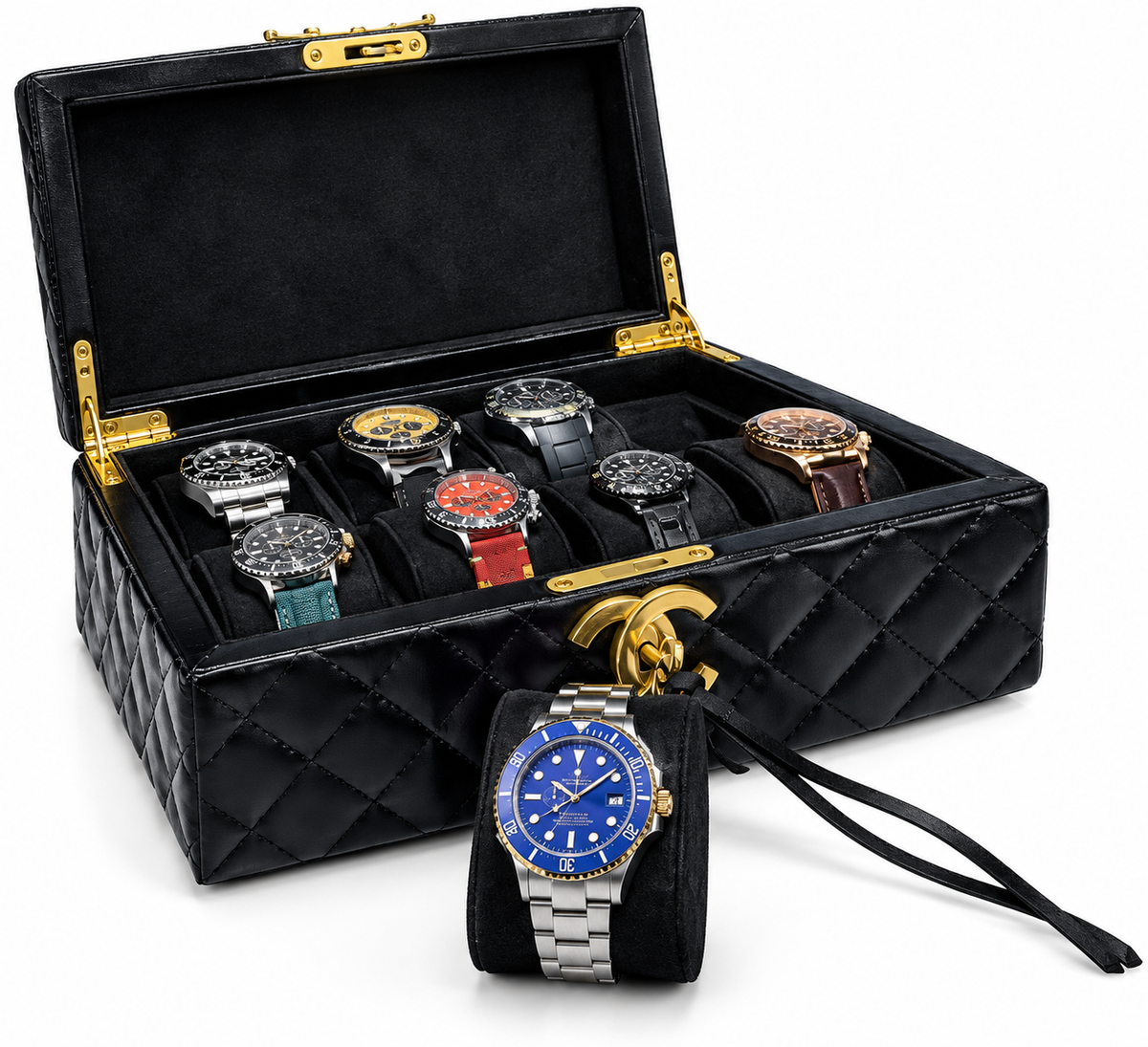 8- Slot Quilted Leather Watch Case with Watch