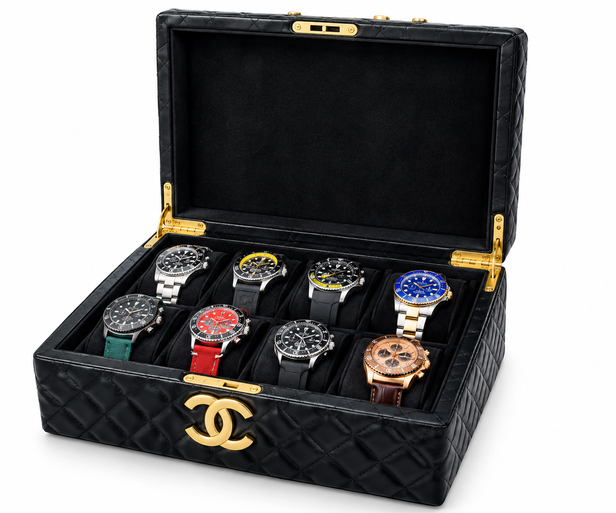 8- Slot Quilted Leather Watch Case with Watch