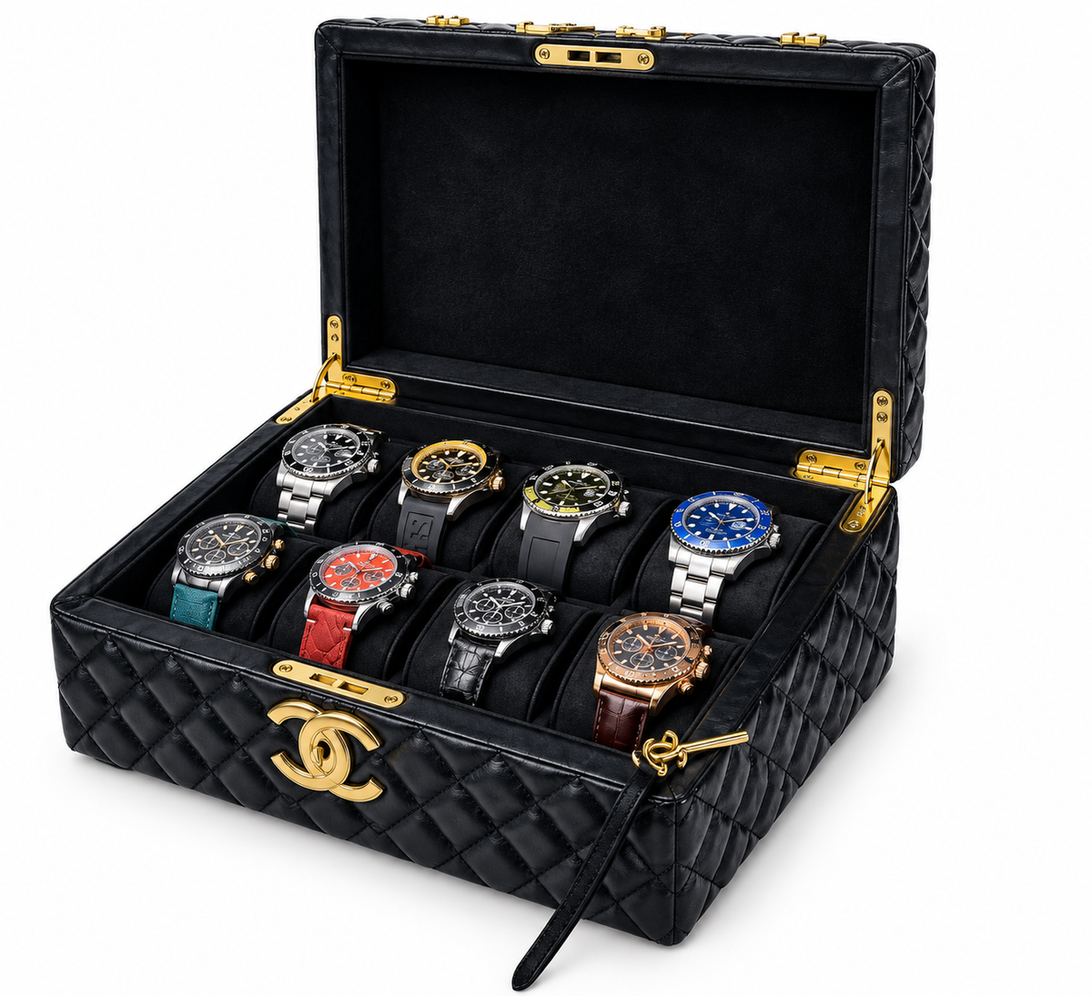 8- Slot Quilted Leather Watch Case with Watch